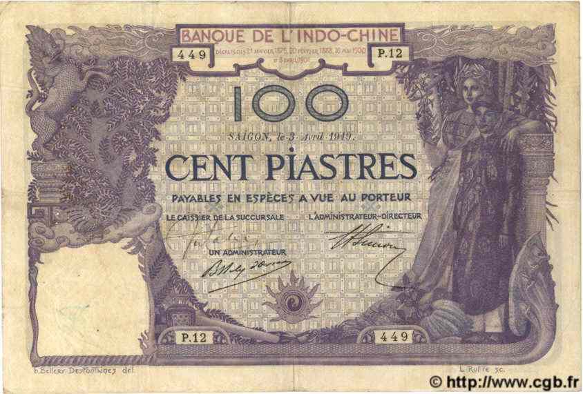 100 Piastres INDOCHINE FRANÇAISE Saïgon 1919 P.039 TTB