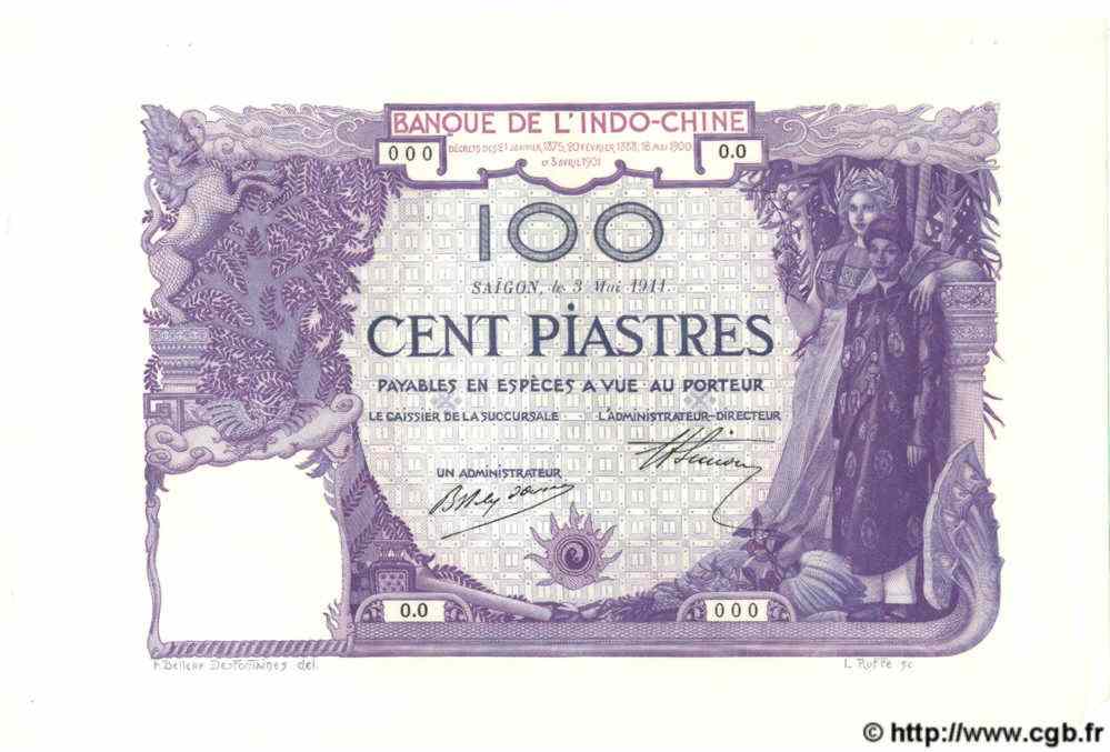 100 Piastres Épreuve INDOCHINA Saïgon 1911 P.039s SC+