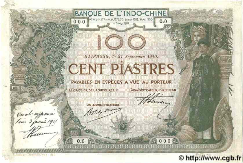 100 Piastres Spécimen FRANZÖSISCHE-INDOCHINA Haïphong 1910 P.018s fVZ