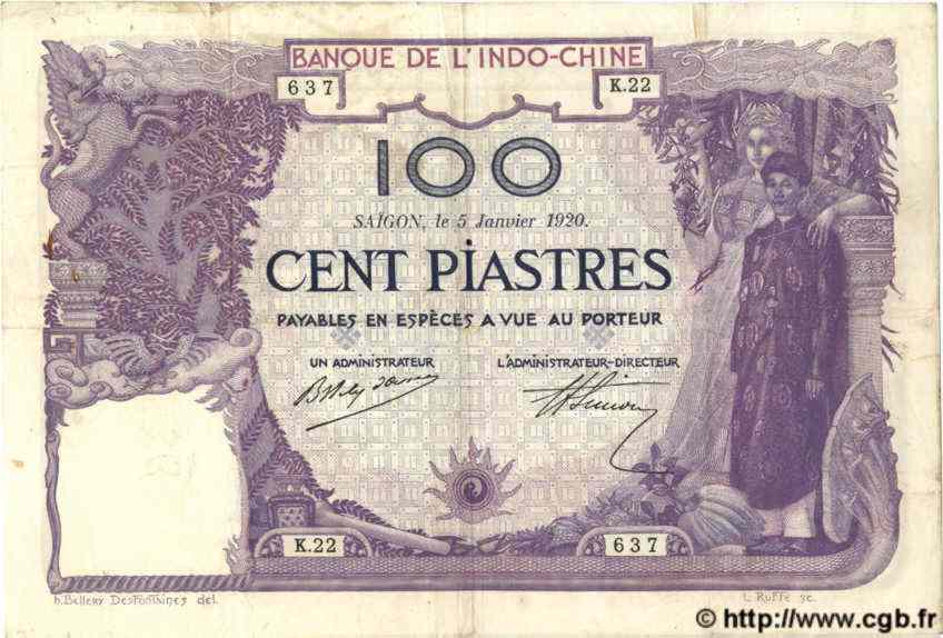 100 Piastres INDOCHINE FRANÇAISE Saïgon 1920 P.042 TTB