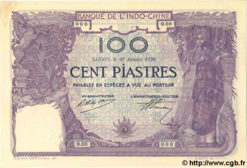 100 Piastres Spécimen INDOCHINE FRANÇAISE Saïgon 1920 P.042s SPL