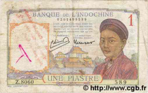 1 Piastre FRENCH INDOCHINA  1945 P.054d F+