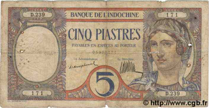 5 Piastres INDOCHINE FRANÇAISE  1926 P.049a B+