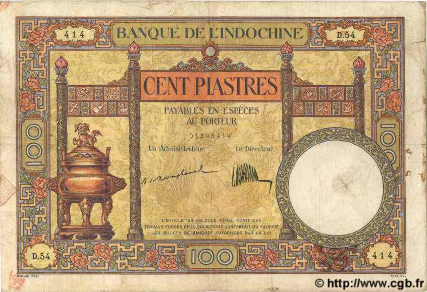 100 Piastres INDOCHINE FRANÇAISE  1926 P.051a TB