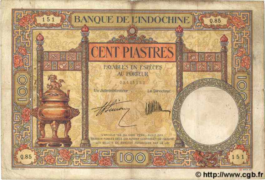 100 Piastres INDOCHINE FRANÇAISE  1931 P.051b TB