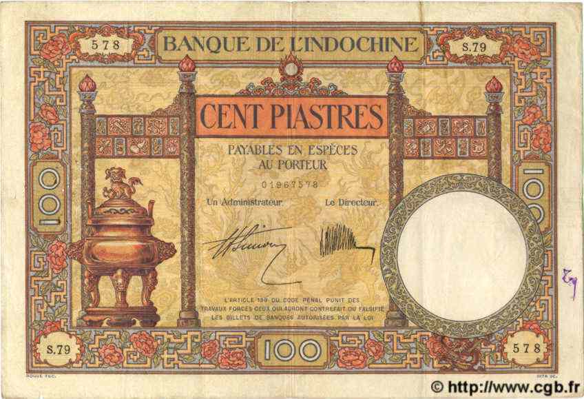100 Piastres INDOCHINE FRANÇAISE  1931 P.051b pr.TTB