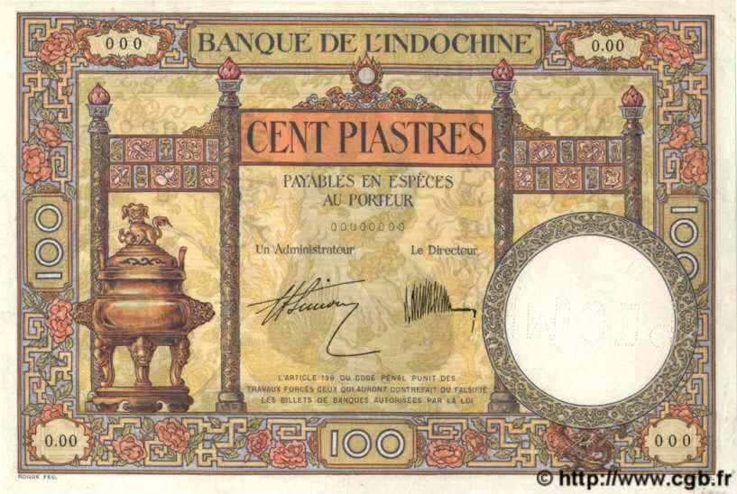 100 Piastres Épreuve INDOCINA FRANCESE  1931 P.051bs SPL