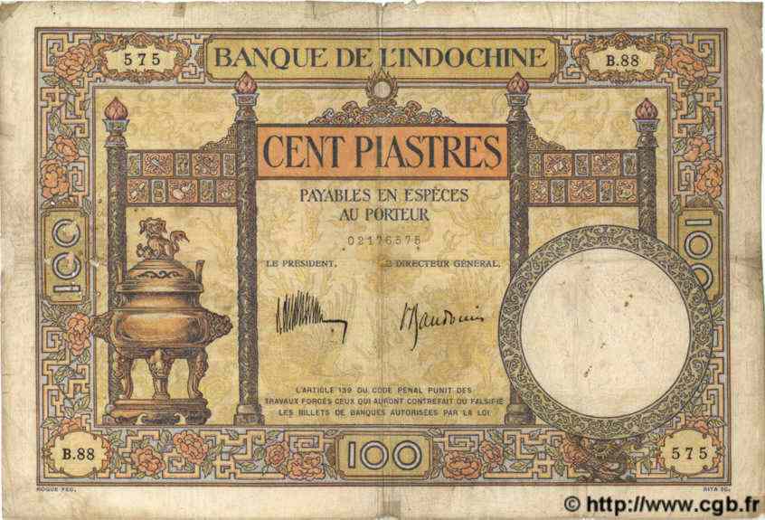 100 Piastres INDOCHINE FRANÇAISE  1935 P.051c B+