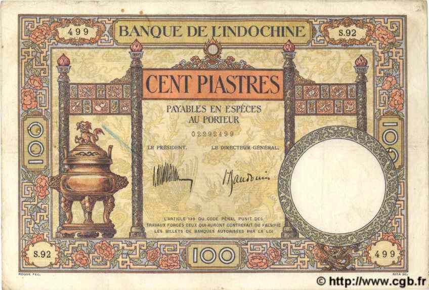 100 Piastres INDOCHINE FRANÇAISE  1935 P.051c TB+ à TTB