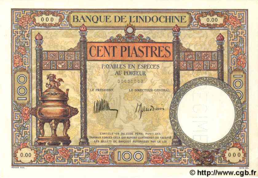 100 Piastres Spécimen INDOCHINE FRANÇAISE  1935 P.051cs SPL