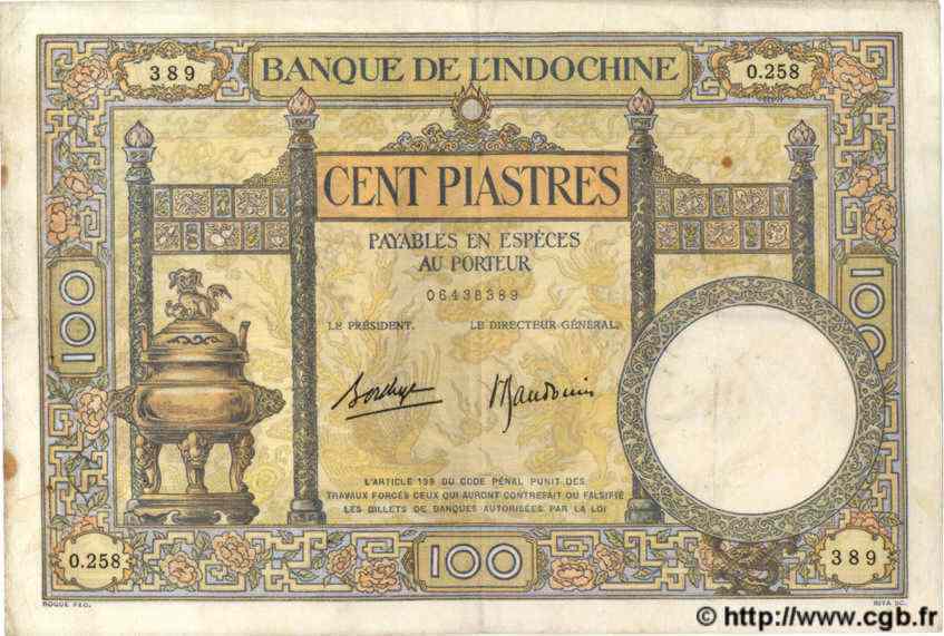 100 Piastres INDOCHINE FRANÇAISE  1939 P.051d TTB