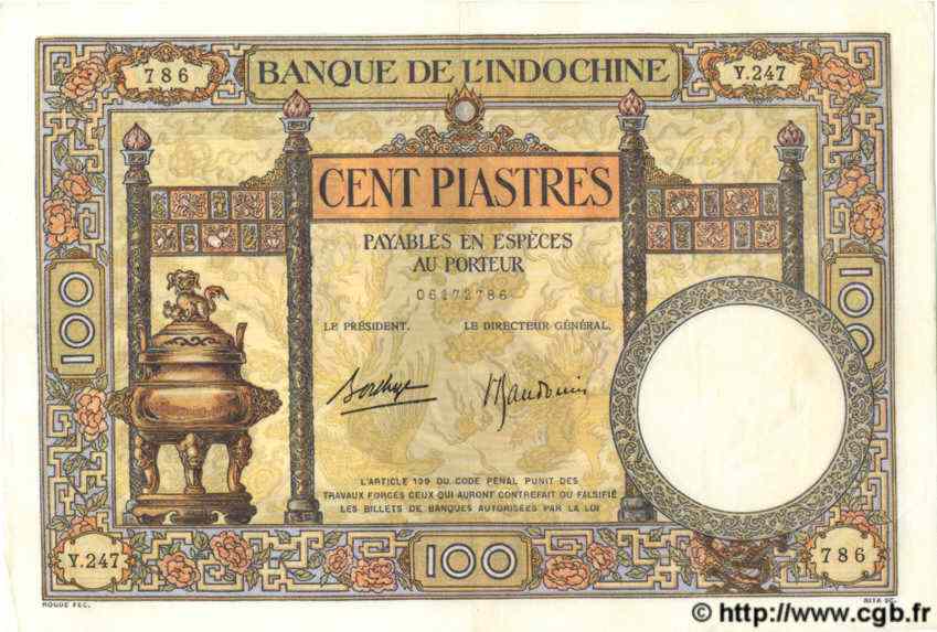 100 Piastres INDOCHINE FRANÇAISE  1939 P.051d SUP