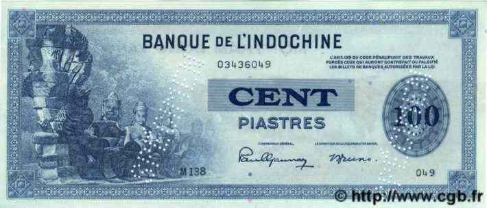 100 Piastres Spécimen INDOCHINE FRANÇAISE  1945 P.078s SPL