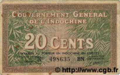 20 Cents  INDOCHINE FRANÇAISE  1939 P.086d TB