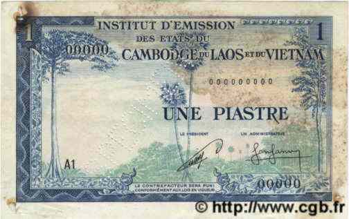 1 Piastre - 1 Riel Spécimen INDOCINA FRANCESE  1954 P.094s q.BB