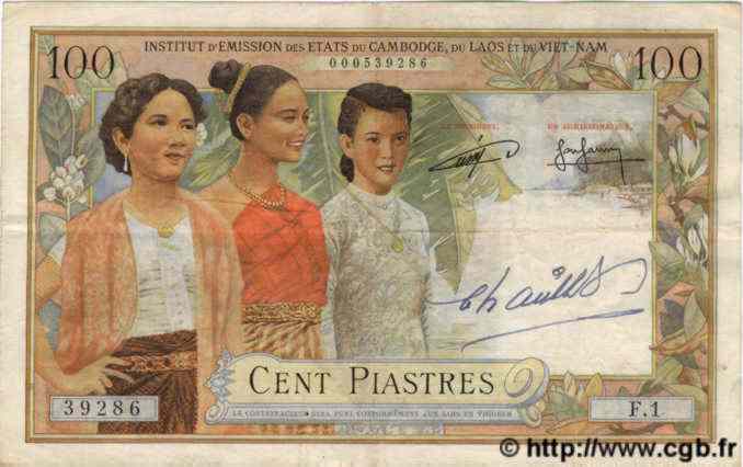 100 Piastres - 100 Riels FRENCH INDOCHINA  1954 P.097 VG
