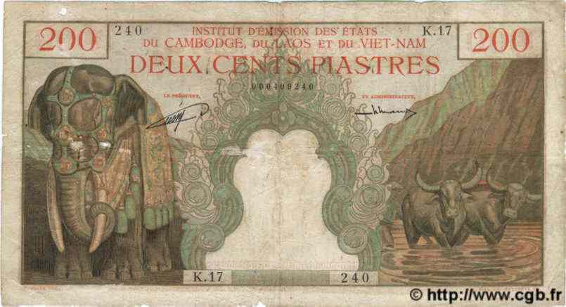 200 Piastres - 200 Riels FRENCH INDOCHINA  1953 P.098 VG