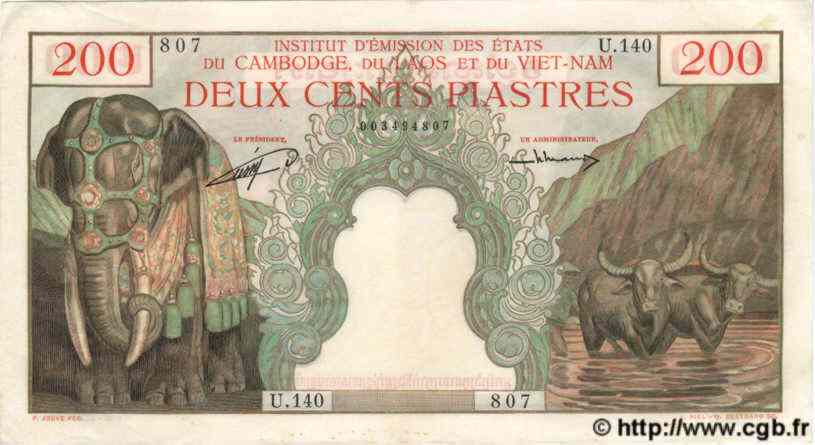 200 Piastres - 200 Riels INDOCINA FRANCESE  1953 P.098 q.AU