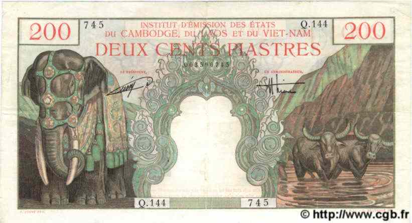 200 Piastres - 200 Dong FRENCH INDOCHINA  1954 P.109 F+