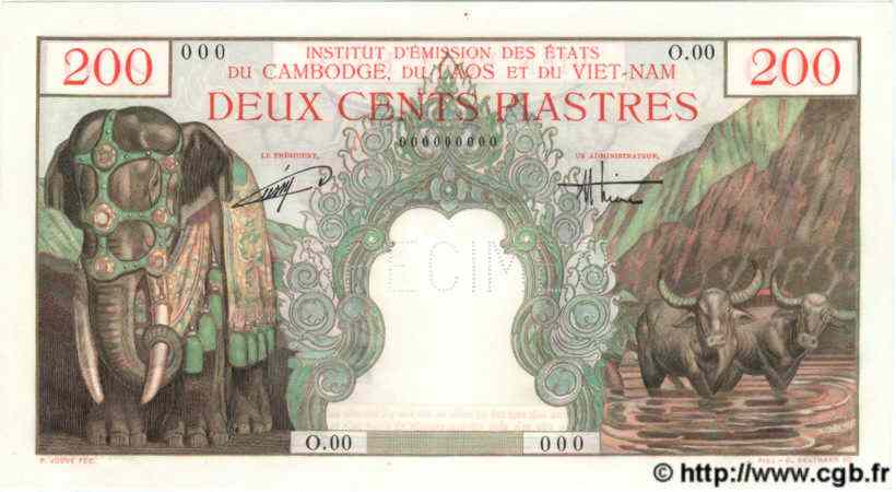 200 Piastres - 200 Dong Spécimen FRENCH INDOCHINA  1954 P.109s UNC-