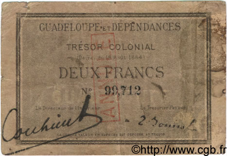 2 Francs Annulé GUADELOUPE  1884 P.03A F+