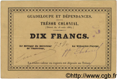 10 Francs GUADELOUPE  1884 P.05 VZ