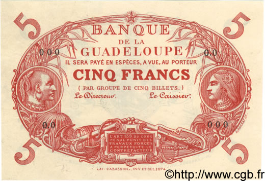 5 Francs Cabasson rouge GUADELOUPE  1874 P.07 UNC-