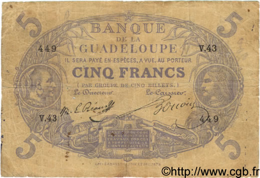 5 Francs Cabasson bleu GUADELOUPE  1874 P.06 B+ à TB