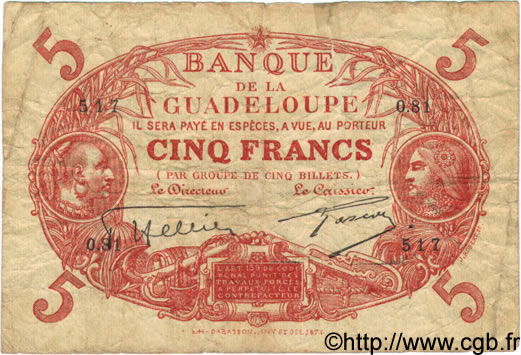 5 Francs Cabasson rouge GUADELOUPE  1922 P.07 VG