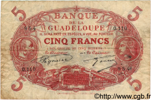 5 Francs Cabasson rouge GUADELOUPE  1930 P.07 F+