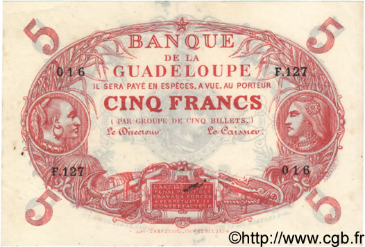 5 Francs Cabasson rouge GUADELOUPE  1930 P.07 fST