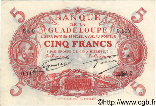 5 Francs Cabasson rouge GUADELOUPE  1930 P.07 SC