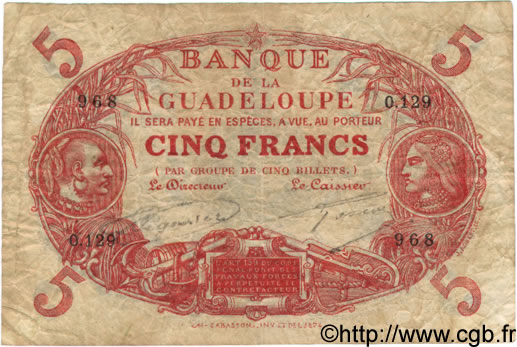 5 Francs Cabasson rouge GUADELOUPE  1930 P.07 q.MB