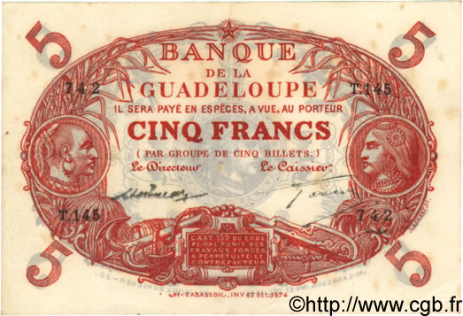 5 Francs Cabasson rouge  GUADELOUPE  1944 P.07 pr.SUP