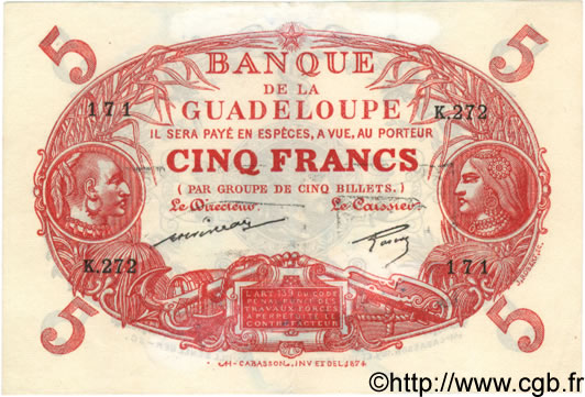 5 Francs Cabasson rouge GUADELOUPE  1944 P.07 VF