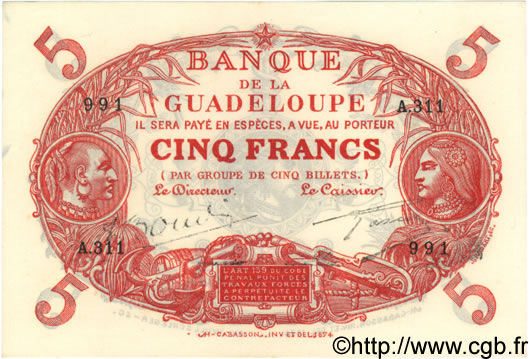 5 Francs Cabasson rouge GUADELOUPE  1944 P.07 SC