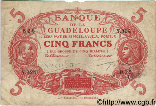 5 Francs Cabasson rouge GUADELOUPE  1944 P.07 SGE