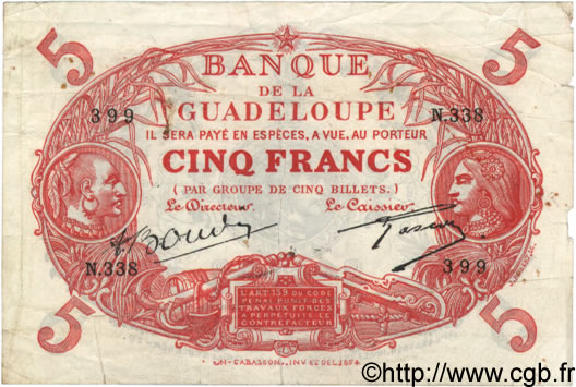 5 Francs Cabasson rouge GUADELOUPE  1944 P.07 pr.TB