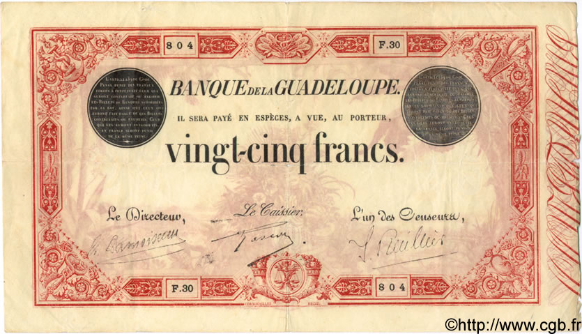 25 Francs rouge GUADELOUPE  1929 P.08 VF-