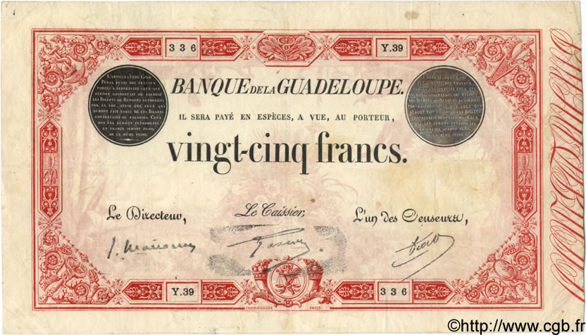 25 Francs rouge GUADELOUPE  1934 P.08 TTB