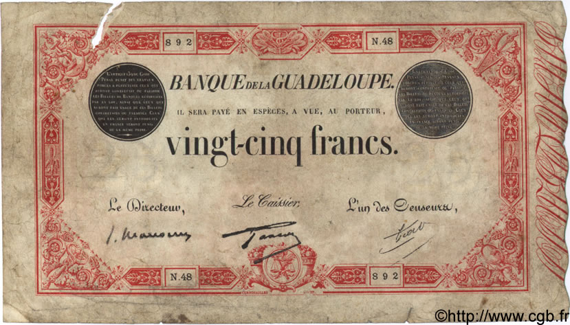 25 Francs rouge GUADELOUPE  1934 P.08 RC+