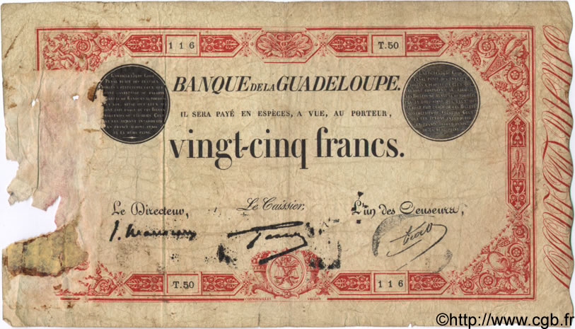 25 Francs rouge GUADELOUPE  1934 P.08 q.B