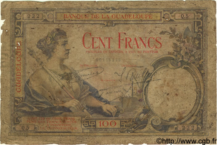 100 Francs GUADELOUPE  1930 P.16 q.B