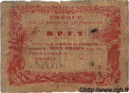 2 Francs GUADELOUPE  1890 P.20D P