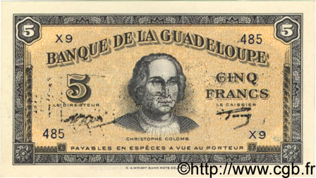 5 Francs GUADELOUPE  1942 P.21b q.FDC