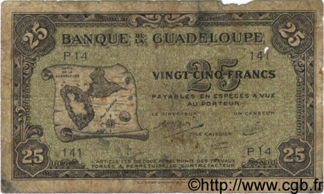 25 Francs GUADELOUPE  1942 P.22b q.B