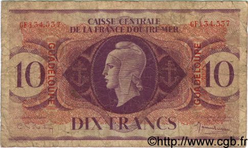 10 Francs GUADELOUPE  1944 P.27a q.B