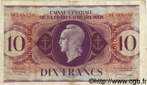 10 Francs GUADELOUPE  1944 P.27a MB
