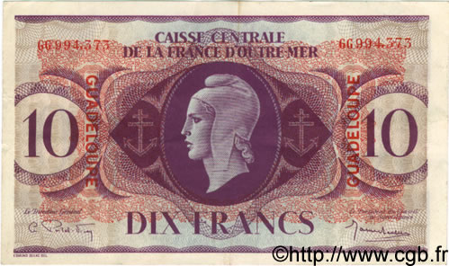 10 Francs GUADELOUPE  1944 P.27a VF+