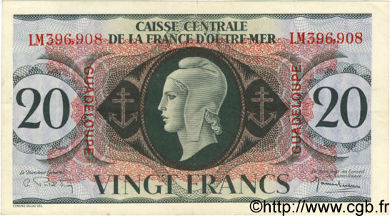 20 Francs GUADELOUPE  1944 P.28a MBC a EBC